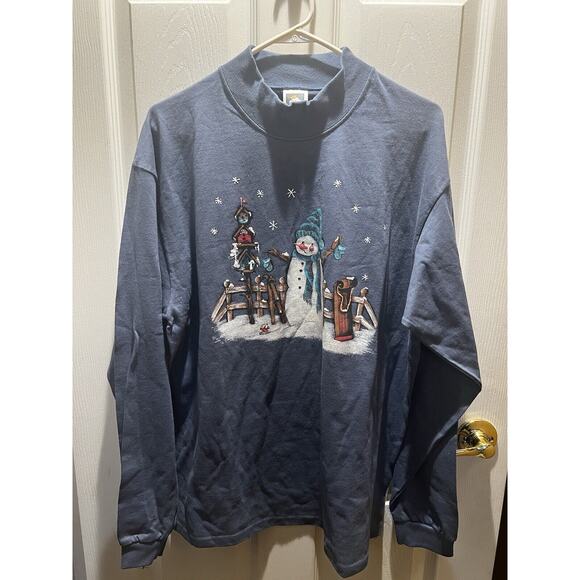 Cotton Deluxe Vintage Snowman With Cardinal Bird Blue Sweatshirt Sz Large - Picture 1 of 7